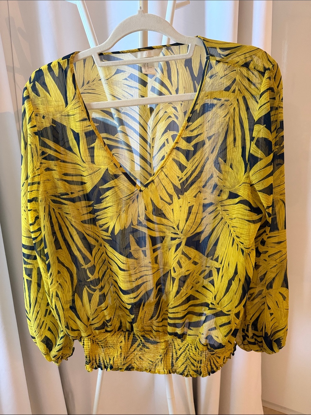 H&M Yellow and Black Palm-Print V-Neck Blouse